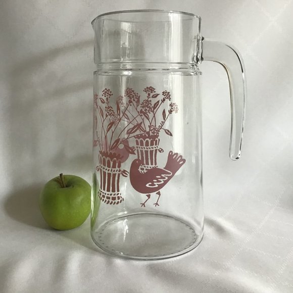 Vintage Glass Pitcher Made in France Pink  Graphics of Bird and Basket - Picture 6 of 6